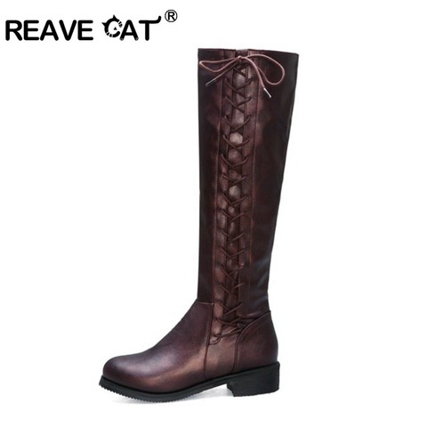 REAVE CAT winter women's shoes Knee High Boots flat low heels pointed toe cross-tied decor black bota feminina big size 45 46 ► Photo 1/6