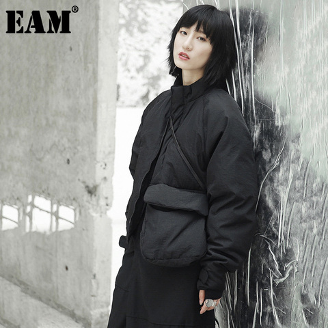 [EAM]2022 New Spring Stand Collar Black Single Pocket Stitch Large Size Warm Cotton-padded Coat Women Jacket Fashion JI51 ► Photo 1/6