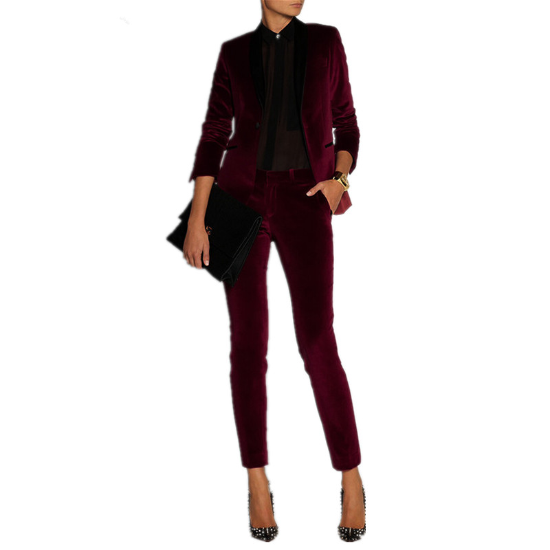 Women Pant Suits Wine Red Velvet Women Ladies Business Office Tuxedos