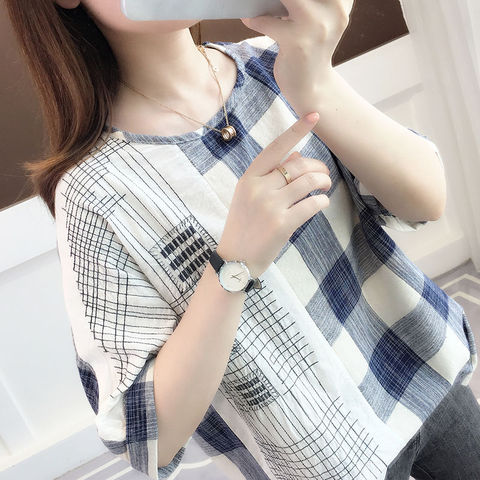 Shirts Women 2022 Ladies Tops Casual 100% Cotton Plaid Shirt Blouse Loose Plus Size Women Clothing Short Sleeve Summer White ► Photo 1/6