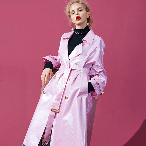Lautaro Pink long patent leather trench coat for women long sleeve double breasted oversized high fashion womens clothing 2022 ► Photo 1/6