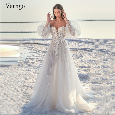 Verngo A Line Silk Tulle Wedding Dress Long Puff Sleeve Floral Applique 2022 Bride Dress Beach Off Shoulder Sexy Wedding Gowns ► Photo 1/6
