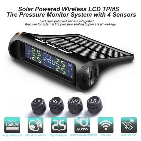 Smart Car TPMS Tyre Pressure Monitoring System Solar Power Digital LCD Display Auto Security Alarm Systems Tire Pressure Warning ► Photo 1/6