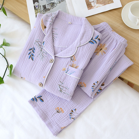 Women Cotton Gauze Pajamas Long Sleeve Spring Pajama Set Purple Lavender Print Sleepwear 2 Piece Casual Loose Sexy Nightwear ► Photo 1/6