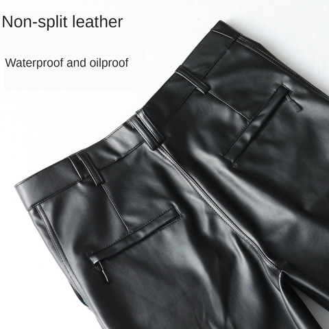 Spring Autumn Straight Leather Pants Fleece Men's Plus Size Leather Loose High Waist Windproof Wide Leg Pants Smart Casual Pants ► Photo 1/6