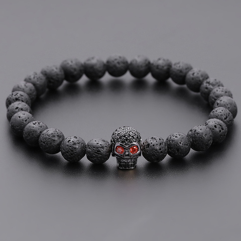 2022 Classic Skull Men Bracelet Pave Cubic Zirconia Vintage 8mm Lava Stone Strand Bracelet For Men Jewelry Gift ► Photo 1/6