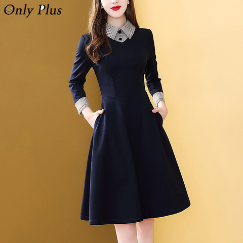 Only Plus French High Waist Women Turn Down Collar Dress Celebrity Temperament Spring Autumn Fashion A-line Dresses Black ► Photo 1/6