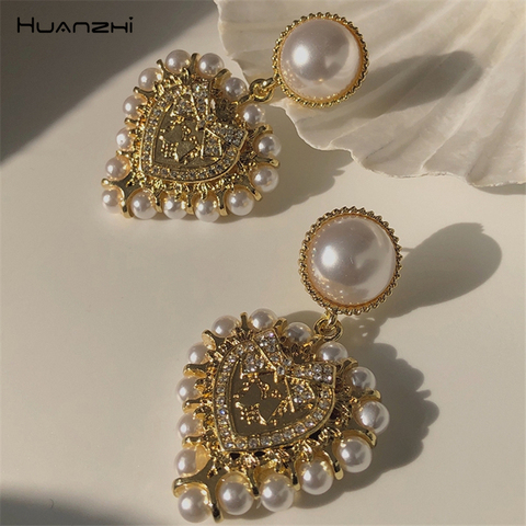 HUANZHI 2022 Vintage Baroque Pearl Big Love Drop Earrings Gold Gold Color Metal Geometric For Women Girls Party Travel Jewelry ► Photo 1/6