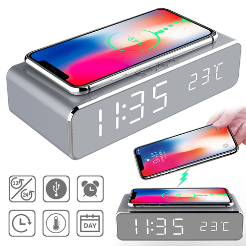 LED Electric Alarm Clock With Wireless Charger Desktop Digital Despertador Thermometer Clock HD Mirror Clock Watch Table Decor ► Photo 1/6