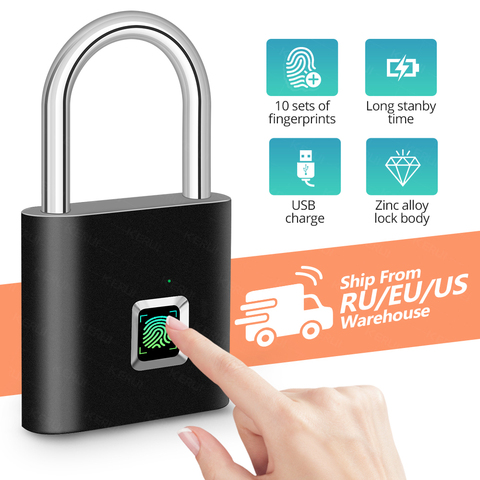 KERUI Waterproof USB Charging Fingerprint Lock Smart Padlock door lock 0.1sec Unlock Portable Anti-theft Fingerprint Lock Zinc ► Photo 1/6