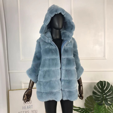 fur jacket real fur coat  High Quality Genuine Rex Rabbit Fur coat jacket with batwing sleeves hood Natural Real fur coat women ► Photo 1/6