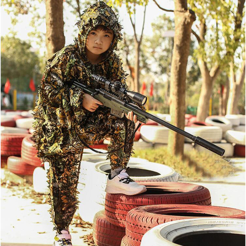 Kids Outdoor Ghillie Suit Camouflage Clothes Jungle Suit CS Training Leaves Clothing Hunting Suit Pants Hooded Jacket ► Photo 1/4