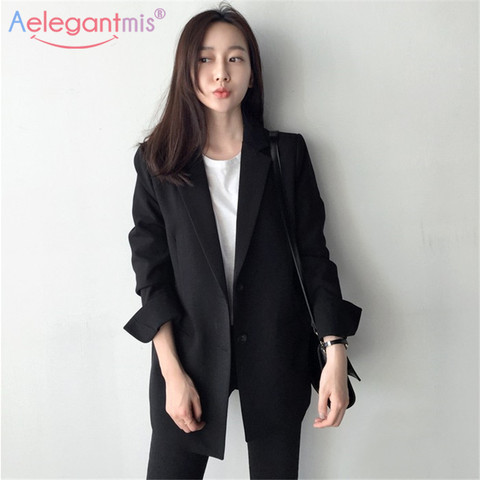 Aelegantmis Elegant Long Sleeve Slim Blazer Jacket Women Casual Black Outwear Spring Autumn Lady Office Suit Blazer Plus Size ► Photo 1/6