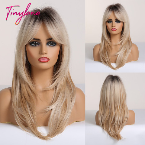 TINY LANA Black to Blonde Omber Wigs with Bangs Wavy Synthetic Hair Wigs for Women Medium Length Layered Cosplay Heat Resistant ► Photo 1/6