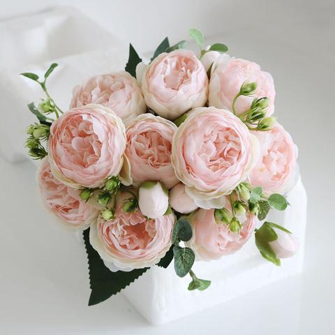 30cm Rose Pink Silk Bouquet Peony Artificial Flowers 5 Big Heads 4 Small Bud Bride Wedding Home Decoration Fake Flowers Faux ► Photo 1/6