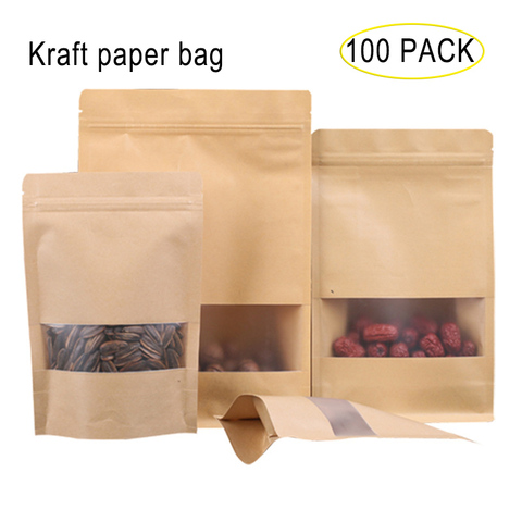 100 Pcs/Lot Stand Up Kraft Paper Pouches with Windows Snack Food Ziplock Bags Nuts Sealed Food Packaging Bags with Tear Notch ► Photo 1/6