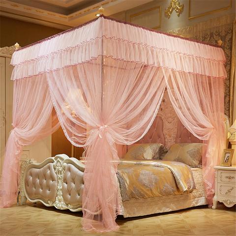 Four-Cornered Mosquito Net Pink Bed Canopy Princess Queen Mosquito Bedding Net Bed Tent Floor-Length Curtain 2mx2mx1.5m ► Photo 1/6