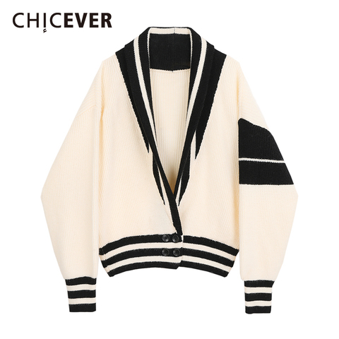 CHICEVER Patchwork Coat For Women V Neck Lantern Long Sleeve Striped Hit Color Knitting Cardigan Female 2022 Autumn New Style ► Photo 1/6
