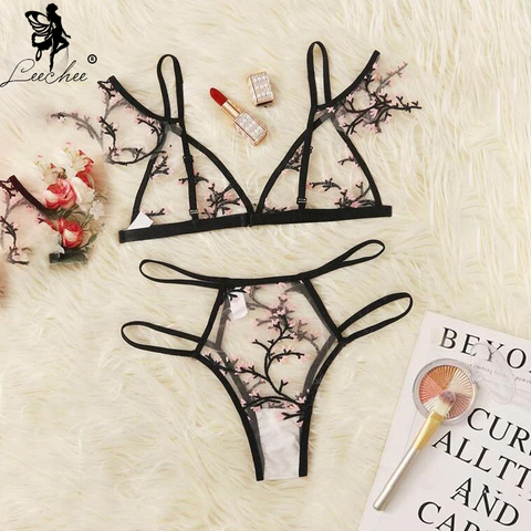 Leechee New Sexy Bra Floral Embroidery Sheer Mesh Lingerie Set Push up Bralette+Hollow out Thong Women Sexy Intimates Underwear ► Photo 1/6