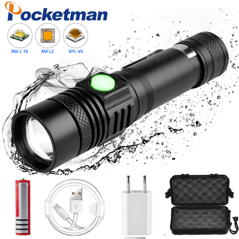 30000LM Super Bright Led flashlight USB Charging Led Torch T6/L2/V6 Power Tips Zoomable Bicycle Light 18650 Lantern Camping Lamp ► Photo 1/6