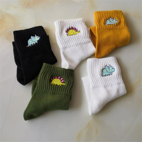 Cute Women Embroidery Dinosaur Socks White Lovely Cartoon Animal Vintage Cotton Short Socks Novelty Crazy Funny Cozy Socks Funky ► Photo 1/6