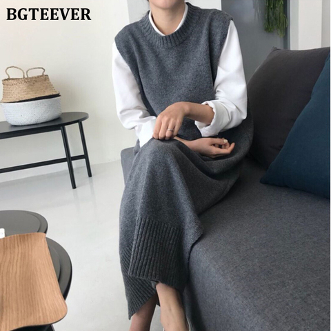 BGTEEVER Casual Women Sleeveless Knitted Dress 2022 Spring O-neck Side Split Female Sweater Long Dress Waistcoat Vestidos femme ► Photo 1/6