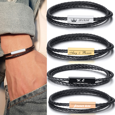 Personalized Leather Braided Bracelet for Men Women Customized Name Engrave Bangle 19cm  21cm ► Photo 1/6