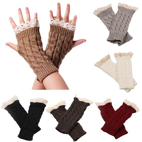 Winter Autumn Women Fashion Lace Trims Long Fingerless Knitted Crochet Mitten Wrist Warmer Gloves Wrist Arm Hand Warmer New 2022 ► Photo 1/6