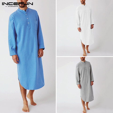 2022 Men's Sleep Robes Solid Color Cotton Long Sleeve Comfort O Neck Leisure Nightgown Mens Bathrobes Homewear Plus Size INCERUN ► Photo 1/6
