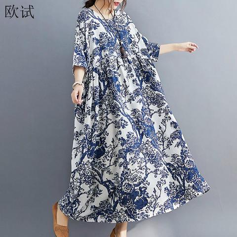 Plus Size Floral Cotton Linen Summer Dress Vintage Dresses for Women 4XL 5XL 6XL Robe Oversized Flower Print Long Dress 2022 ► Photo 1/5