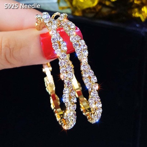 Real 925 Sterling Silver Needle Hoop Earrings for Women Jewelry Gold Statement Rhinestone Rhombus Punk Rock Large Round Earrings ► Photo 1/6