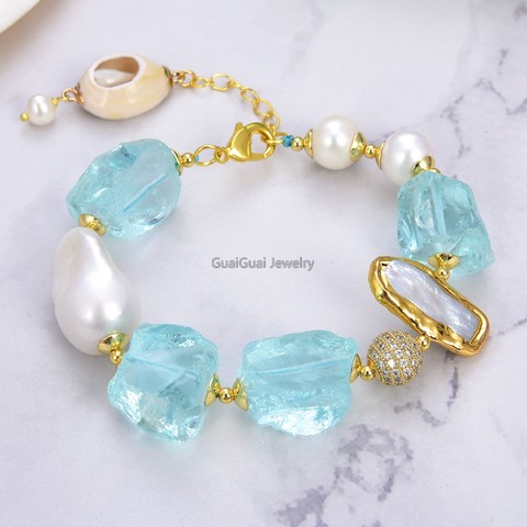 GG Jewelry Cultured White Keshi Pearl Biwa Pearl gold color plated Blue Glass Rough Bracelet 8