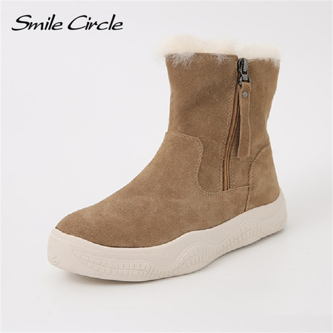 Smile Circle Suede Leather Ankle Boots Women Natural fur Warm Snow Boots Zipper Easy to wear Flat Boots Winter Ladies Shoes ► Photo 1/6