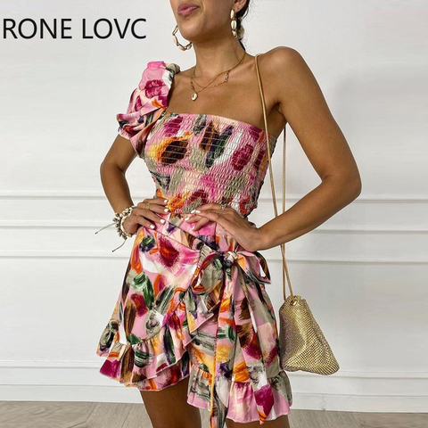 Women Floral One Shoulder Shirring Top & Wrap Skirt Two Pieces Set ► Photo 1/4