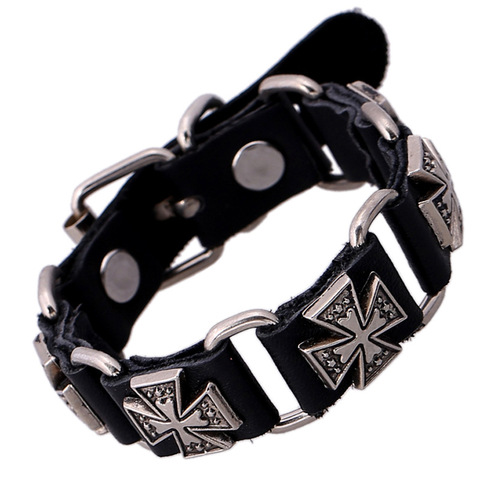 Retro Punk Connection Cowhide Alloy Cross Men's Leather Bracelet Brown Classic Trendy Casual Sporty Unisex Snap Button Jewelry ► Photo 1/6