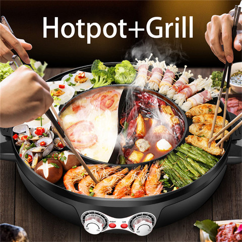 2 in 1 Electric Smokeless Grill and Hot Pot BBQ Grill Soup Shabu Pot 2200W  110V