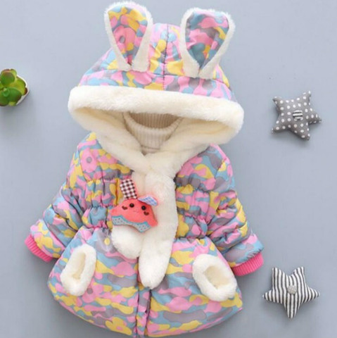 2022 Winter Girls Fashion Plaid Coat Children's Clothing Thickened Plus Velvet Rabbit Ears Hooded Jacket 0-2 Years ► Photo 1/6