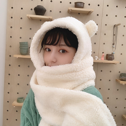 2022 Fashion Winter Women Novelty Beanies Caps Warm Cute Bear Ear Hat Casual Plush Hat Scarf Set Casual Solid Women Caps Present ► Photo 1/6