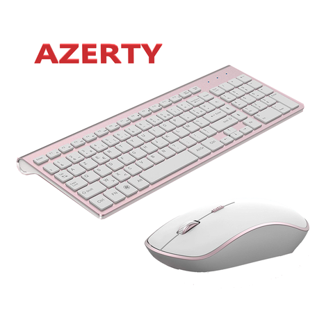 French Keyboard Wireless 2400DPI Mouse 2.4Ghz Ultra-Slim Keyboard Mouse Set, Portable Silent Ergonomic AZERTY Layout - Pink ► Photo 1/6