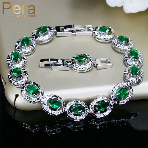 Pera High Quality Full Big Round Connected Created Green Stone Women Link Chain Bracelet Jewelry With White Gold Color B094 ► Photo 1/6