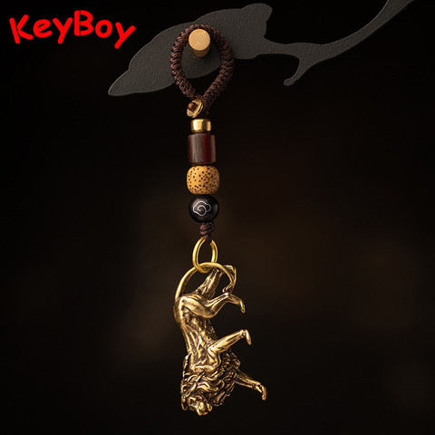 Brass Big Lion Figurines Car Key Chain Pendant Men Vintage Luxury Handmade Braided Rope Keychain Hanging Jewelry Lanyard Keyring ► Photo 1/6