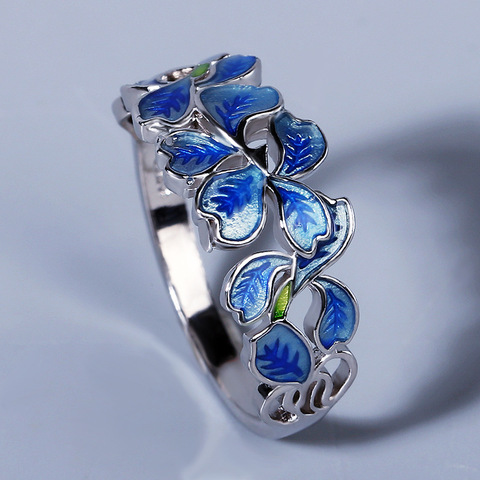 Sterling Silver Lady Flower Ring 925 Sterling Silver Elegant Blue Petal Ring White CZ Fashion Jewelry Handmade Enamel  Jewelry ► Photo 1/5