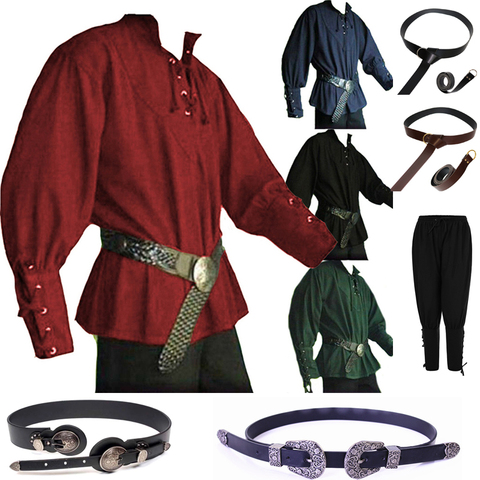 Men Medieval Renaissance Grooms Pirate Reenactment Larp Costume Lacing Up Shirt Bandage Top Middle Age Clothing Adult Pants Belt ► Photo 1/6