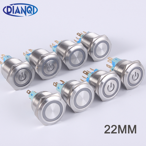 22mm metal waterproof stainless steel ring lamp push button switch 6pin 1NO 1NC momentary button press switch Latching flat ► Photo 1/6