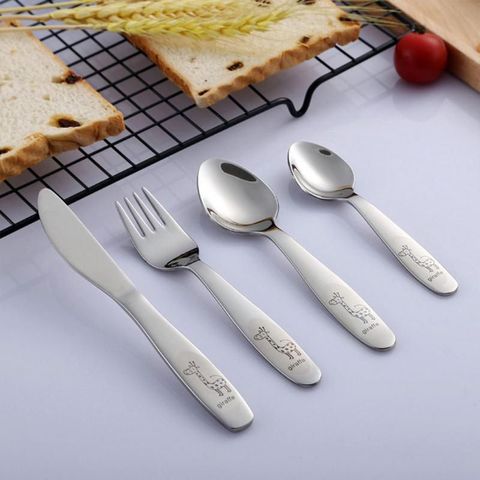 4PCS/pack 304 Stainless Steel Kids Cutlery Cartoon Pattern Carving Children Tableware Western-style Spoon Fork Set Baby Flatware ► Photo 1/6