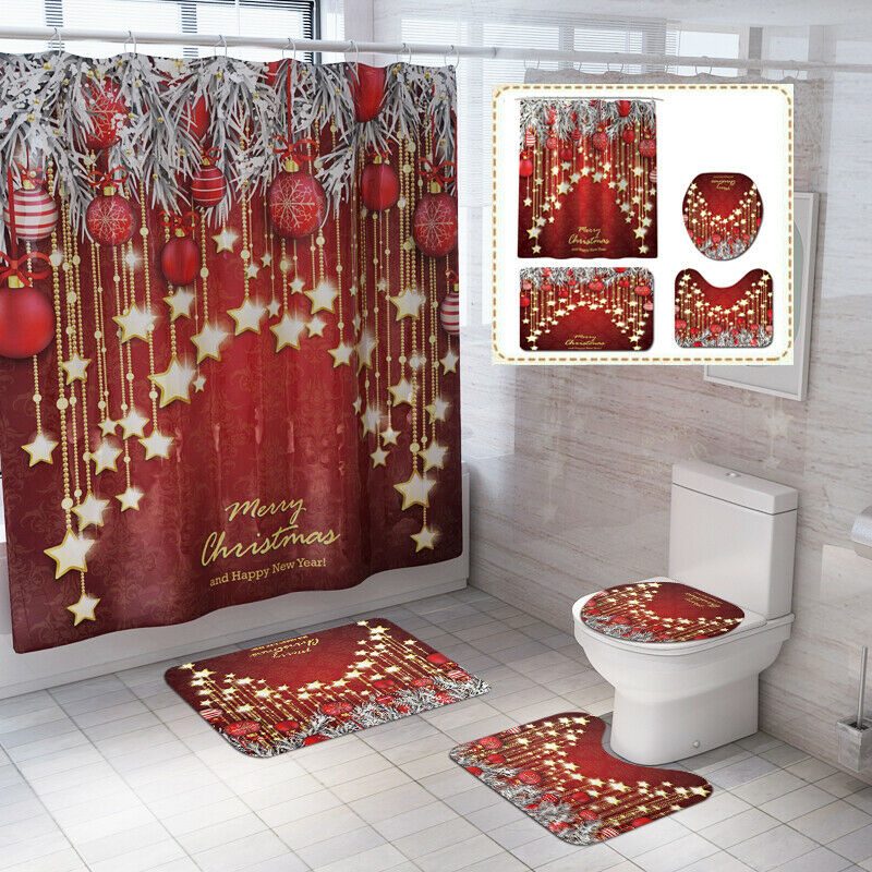 Christmas Serie Printing Bathroom Shower Curtain Toilet Waterproof Cover Mat 