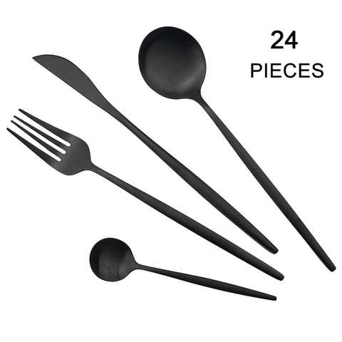 24Pcs/set Black Matte Cutlery Set 304 Stainless Steel Dinnerware Set Knife Fork Spoon Dinner Set Kitchen Flatware Tableware Set ► Photo 1/6