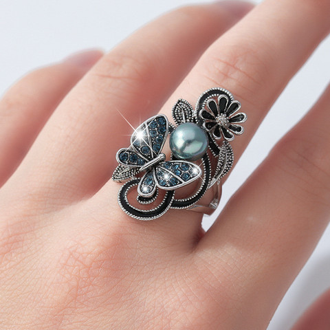 Trendy 2022 Ink Blue Pearl Butterfly Crystal Women's Ring For Engagement Wedding Jewelry Copper Accessories Size 5-11 ► Photo 1/6