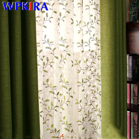 Pastoral Blackout Curtain Green Linen Fabric Window Screening Leaves Embroidered Curtain Tulle for Living Room Bedroom American ► Photo 1/6