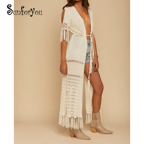 Knit Long Beach Cover up Beach Kaftan Tunics for Beach Swimsuit cover up Robe Plage Tassel Bathing suit Women Crochet cover Up ► Photo 1/6